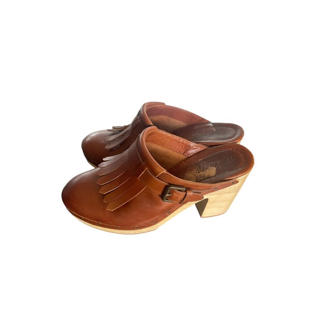 Madewell Kitlie Fringe Wood Heel Clogs Wedge Brown Size 10